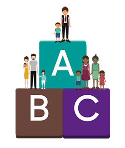 Families standing on alphabet blocks