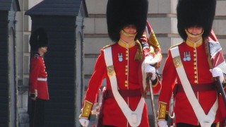 Two royal guards carrying flag in front of Buckingham Palace